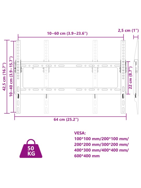 TV-seinäkiinnike 26"-63" ruuduille Max VESA 600x400 mm 50 kg