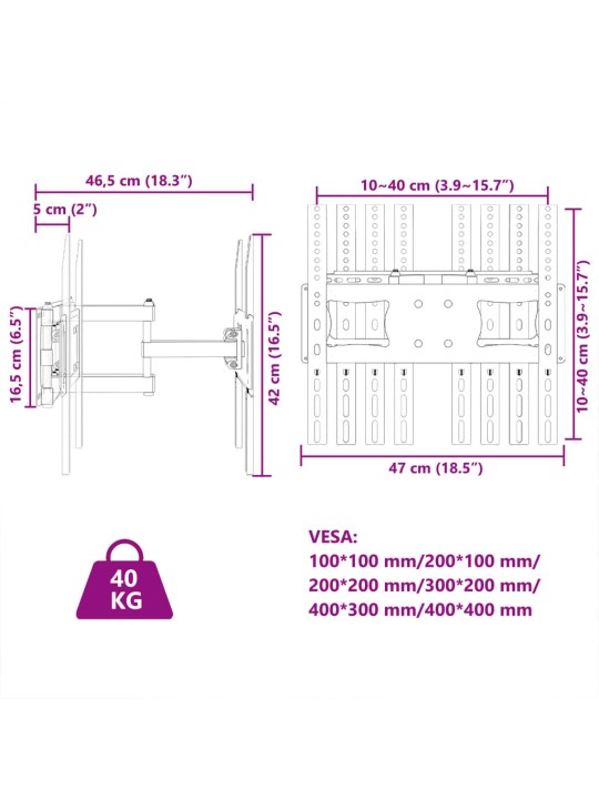 TV-seinäkiinnike 26"-70" ruuduille Max VESA 400x400 mm 40 kg