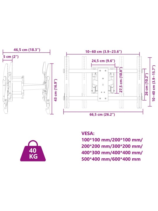 TV-seinäkiinnike 37"-80" ruuduille Max VESA 600x400 mm 40 kg