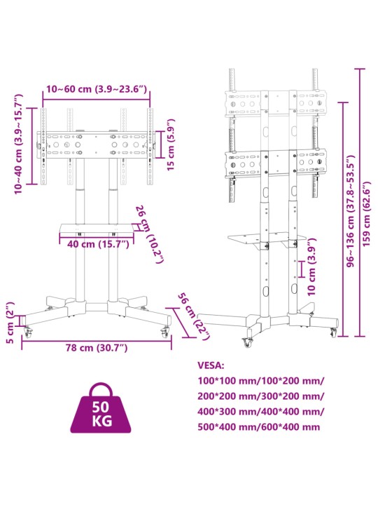 TV-seinäkiinnike 32"-70" ruuduille Max VESA 600x400 mm 50 kg