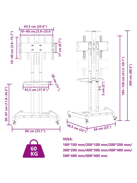 TV-seinäkiinnike 32"-70" ruuduille Max VESA 600x400 mm 60 kg