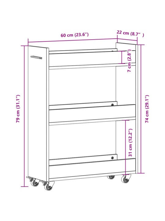 Kaappi pyörillä musta 60x22x79 cm tekninen puu