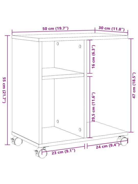 Sivupöytä pyörillä musta 50x30x55 cm tekninen puu