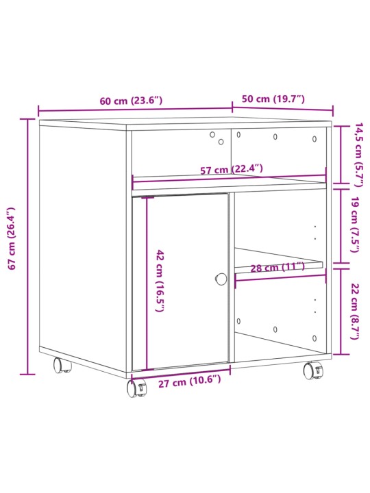 Tulostinteline pyörillä ruskea tammi 60x50x67 cm