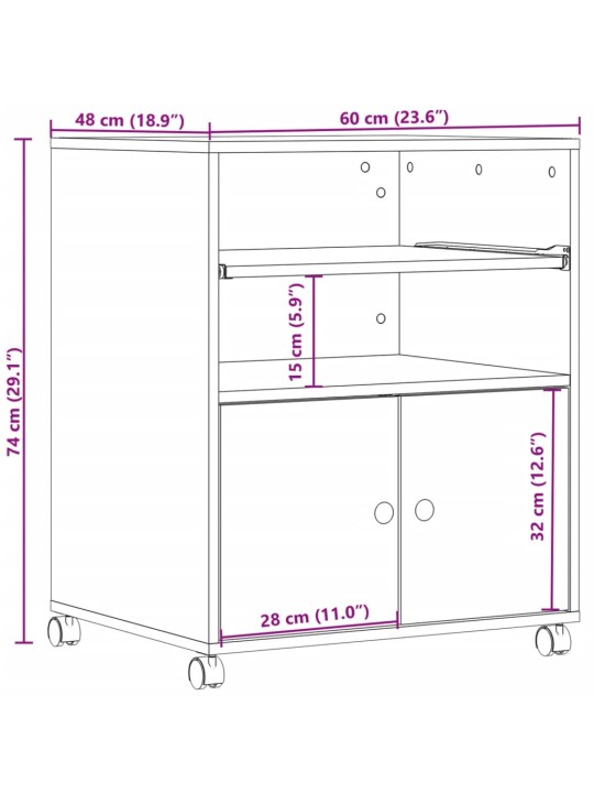 Tulostinteline pyörillä ruskea tammi 60x48x74 cm