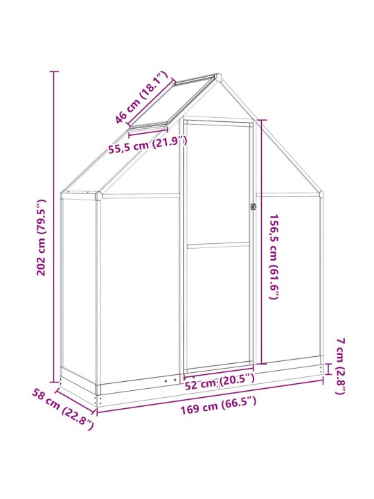 Kasvihuone pohjarungolla hopea 169x58x202 cm alumiini
