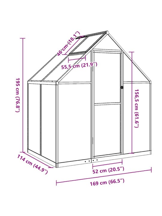 Kasvihuone pohjarungolla antrasiitti 169x114x195 cm alumiini