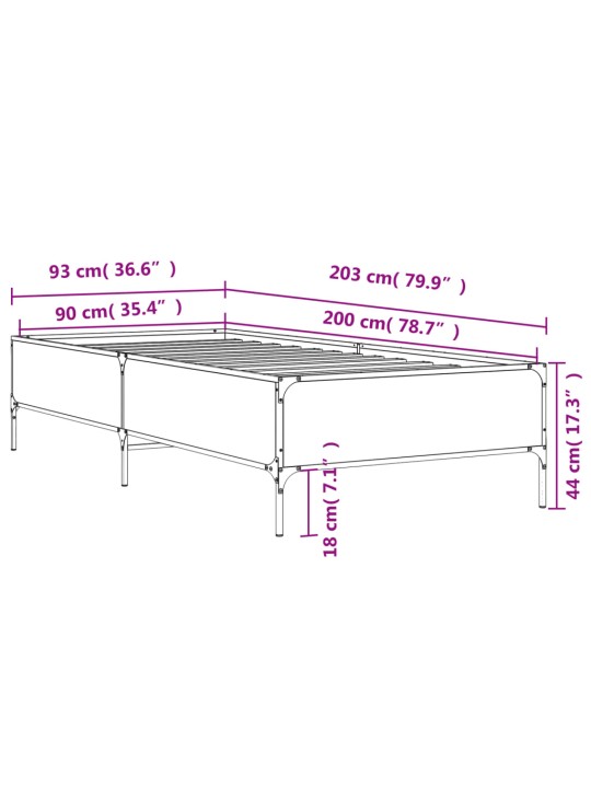 Sängynrunko musta 90x200 cm täysi puu ja metalli