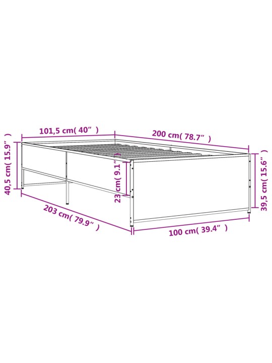 Sängynrunko musta 100x200 cm tekninen puu ja metalli