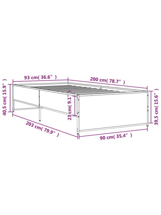 Sängynrunko musta 90x200 cm täysi puu ja metalli