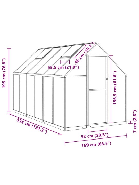 Kasvihuone pohjarungolla antrasiitti 334x169x195 cm alumiini