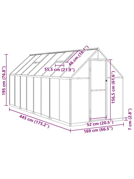 Kasvihuone pohjarungolla antrasiitti 445x169x195 cm alumiini
