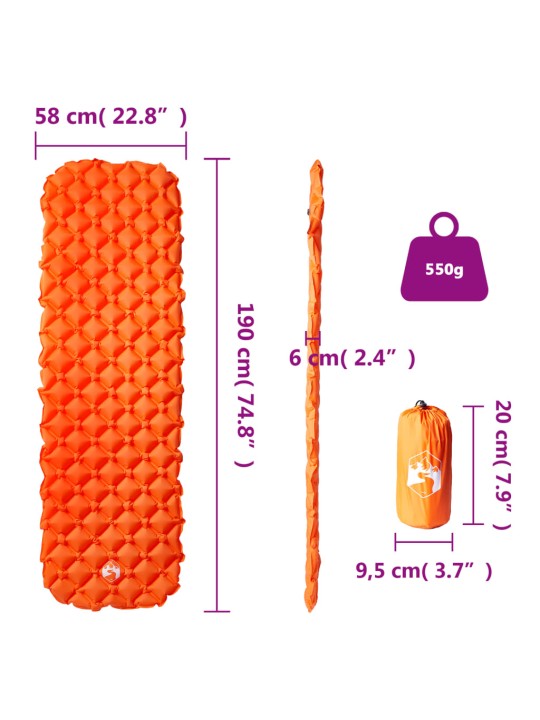 Täytettävä retkeilypatja oranssi 1 hengelle 190x58x6 cm