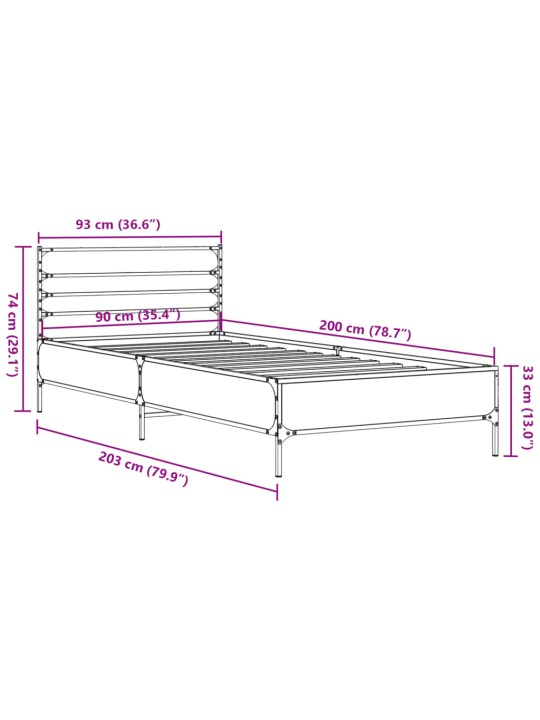 Sängynrunko musta 90x200 cm täysi puu ja metalli