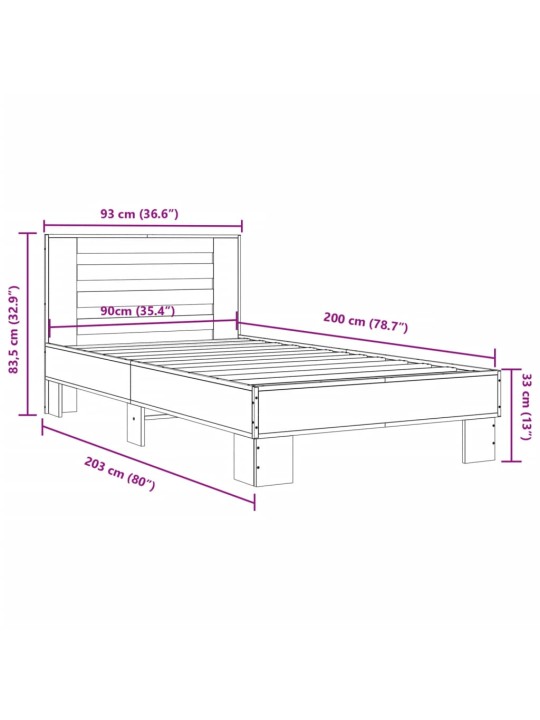 Sängynrunko musta 90x200 cm täysi puu ja metalli