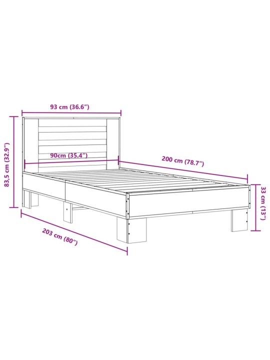 Sängynrunko ruskea tammi 90x200 cm tekninen puu ja metalli