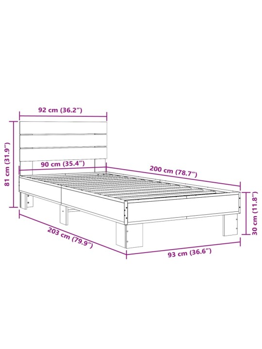 Sängynrunko musta 90x200 cm täysi puu ja metalli