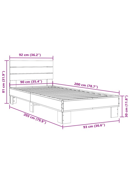 Sängynrunko ruskea tammi 90x200 cm tekninen puu ja metalli