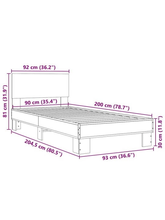 Sängynrunko musta 90x200 cm täysi puu ja metalli