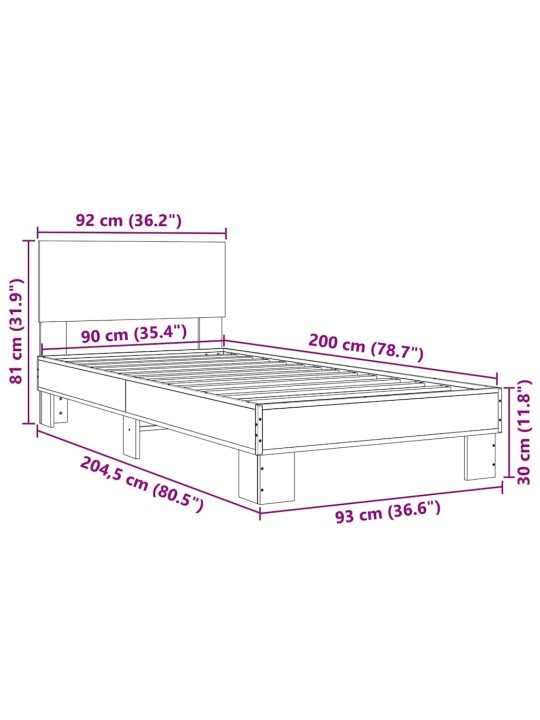 Sängynrunko harmaa Sonoma 90x200 cm tekninen puu ja metalli