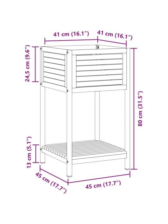 Kukkalaatikko hyllyllä 45x45x80 cm täysi akasiapuu ja teräs