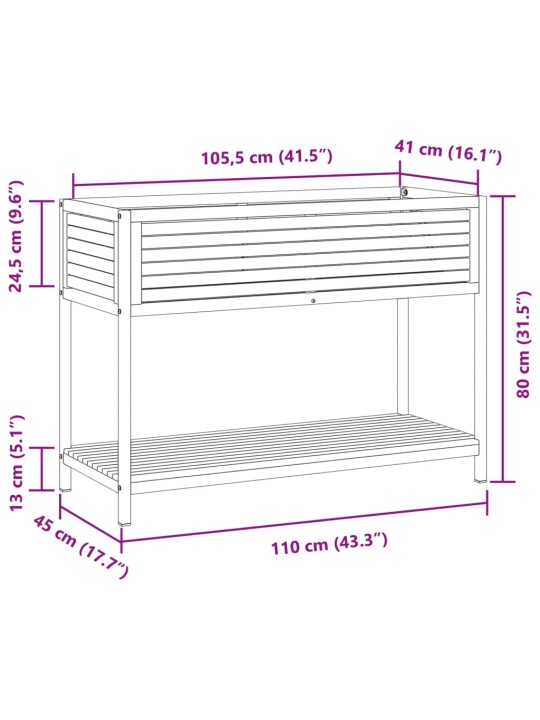 Kukkalaatikko hyllyllä 110x45x80 cm täysi akasiapuu ja teräs