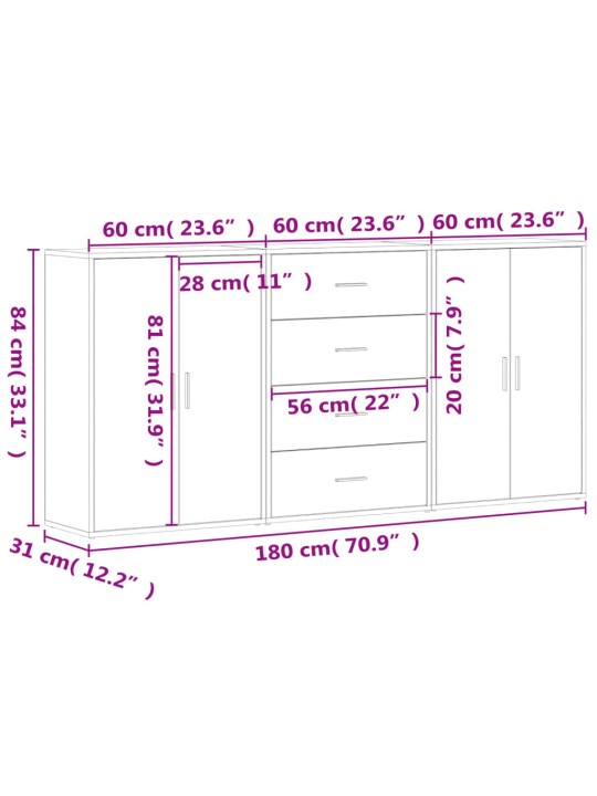 Senkit 3 kpl valkoinen 60x31x84 cm tekninen puu