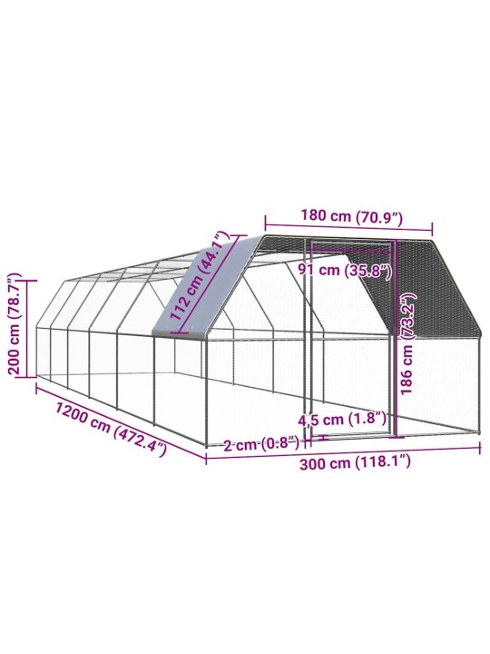 Kanahäkki 3x12x2 m galvanoitu teräs