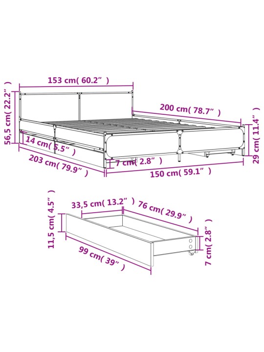Sängynrunko laatikoilla harmaa Sonoma 150x200 cm tekninen puu
