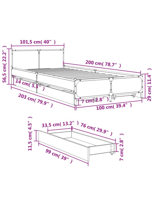 Sängynrunko laatikoilla musta 100x200 cm tekninen puu