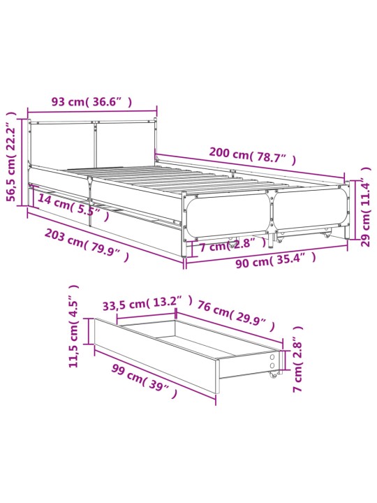 Sängynrunko laatikoilla musta 90x200 cm täysi puu