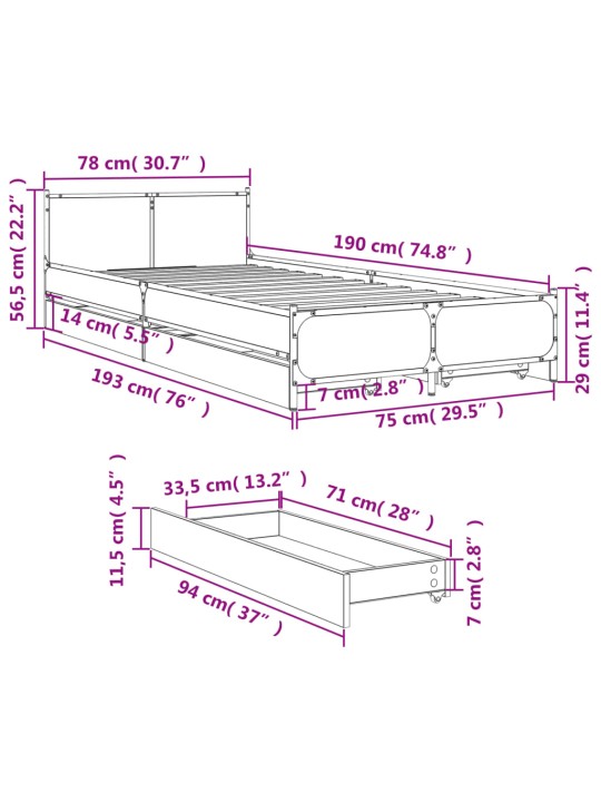 Sängynrunko laatikoilla musta 75x190 cm tekninen puu