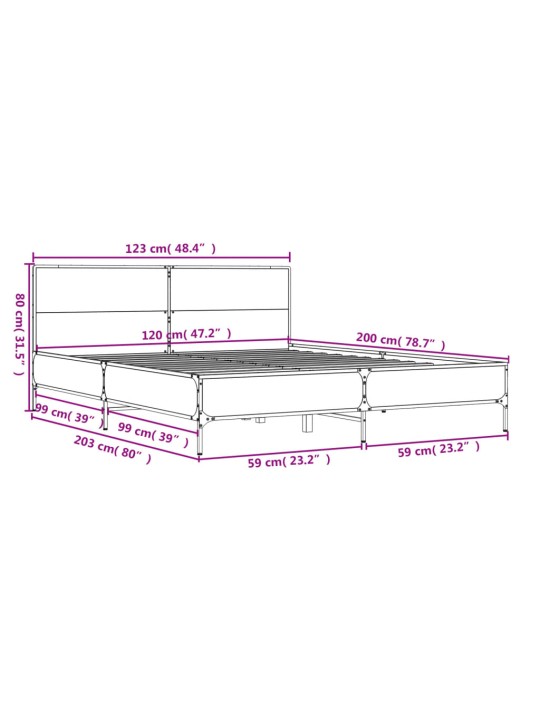 Sängynrunko ruskea tammi 120x200 cm tekninen puu ja metalli