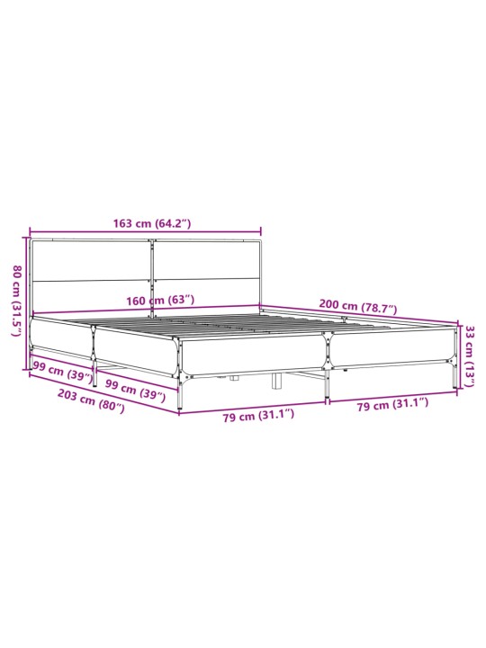 Sängynrunko harmaa Sonoma 160x200 cm tekninen puu ja metalli