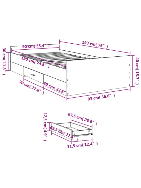 Sängynrunko laatikoilla harmaa Sonoma 90x190 cm tekninen puu