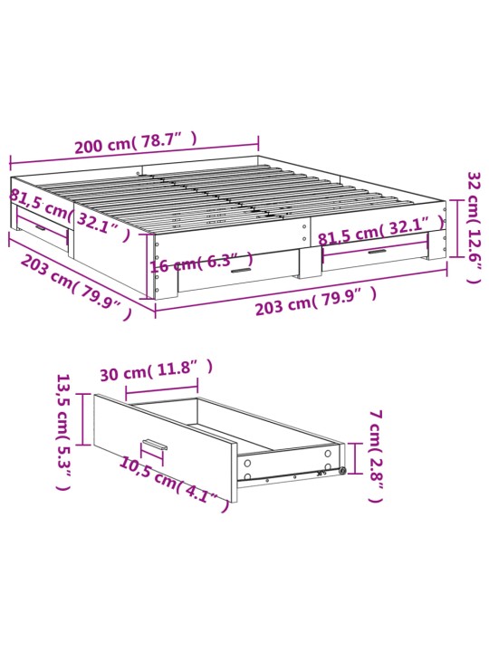 Sängynrunko laatikoilla betoninharmaa 200x200 cm tekninen puu