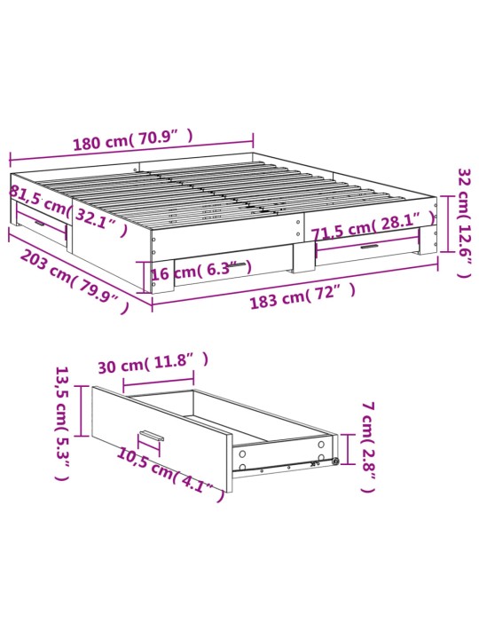 Sängynrunko laatikoilla harmaa Sonoma 180x200 cm tekninen puu