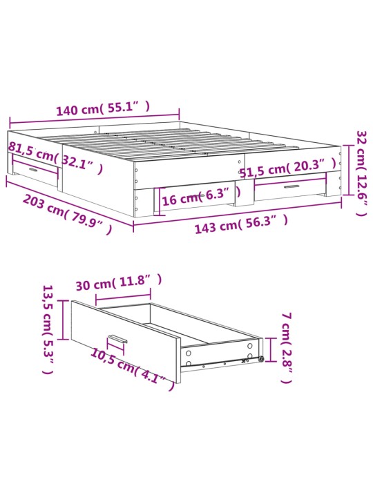 Sängynrunko laatikoilla harmaa Sonoma 140x200 cm tekninen puu