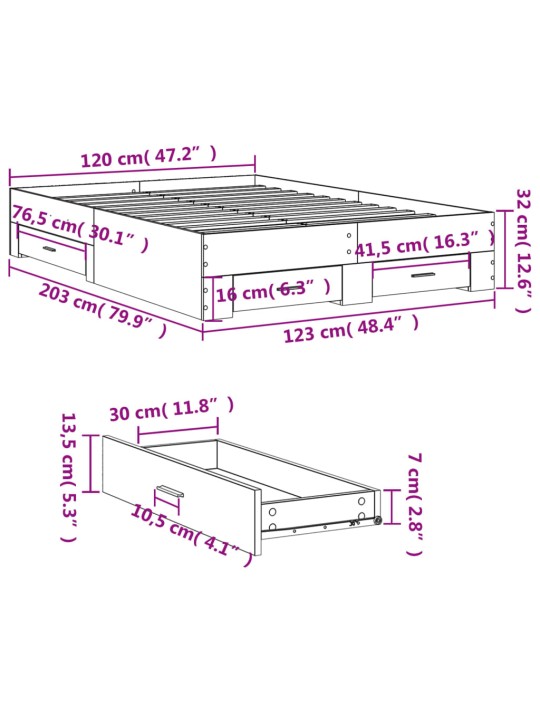 Sängynrunko laatikoilla betoninharmaa 120x200 cm tekninen puu