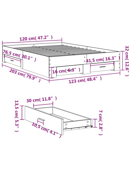 Sängynrunko laatikoilla harmaa Sonoma 120x200 cm tekninen puu