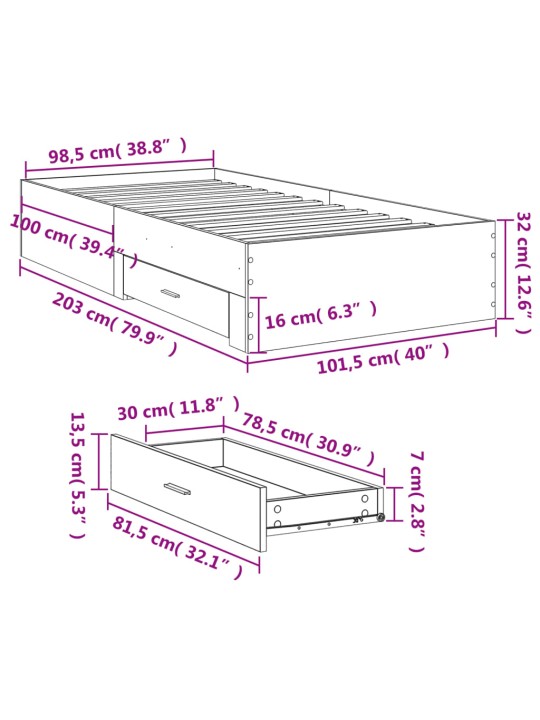 Sängynrunko laatikoilla betoninharmaa 100x200 cm tekninen puu