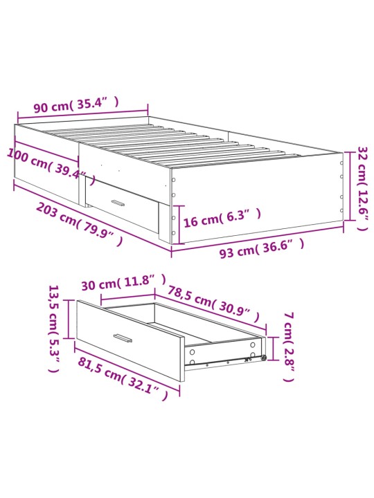 Sängynrunko laatikoilla betoninharmaa 90x200 cm tekninen puu