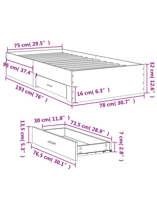 Sängynrunko laatikoilla musta 75x190 cm tekninen puu