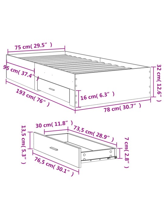 Sängynrunko laatikoilla betoninharmaa 75x190 cm tekninen puu