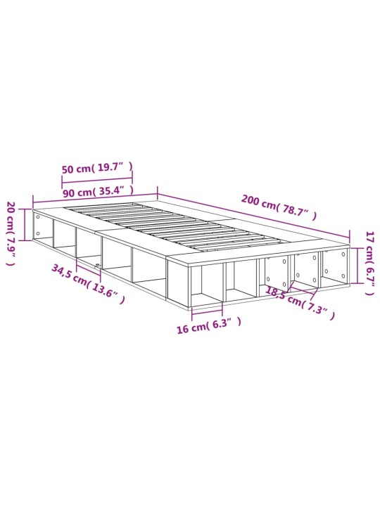 Sängynrunko betoninharmaa 90x200 cm tekninen puu