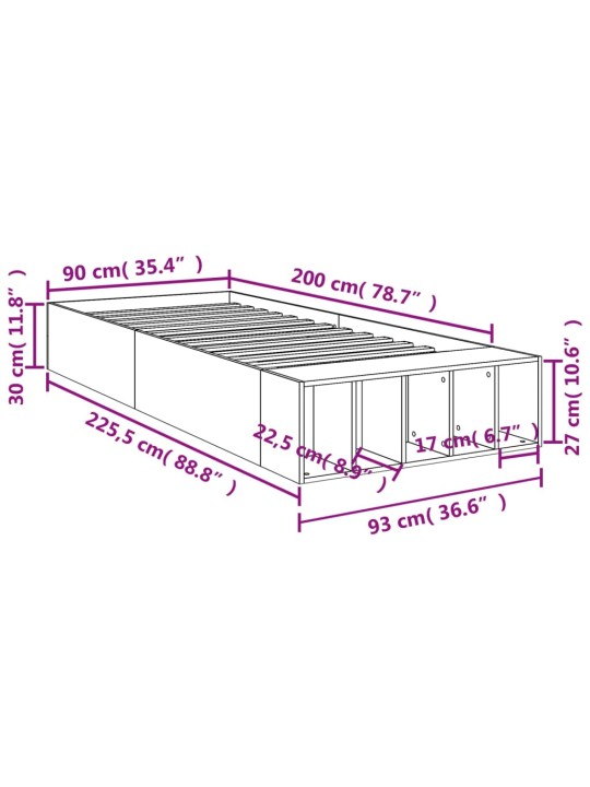 Sängynrunko betoninharmaa 90x200 cm tekninen puu