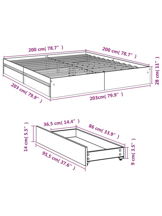 Sängynrunko laatikoilla betoninharmaa 200x200 cm tekninen puu