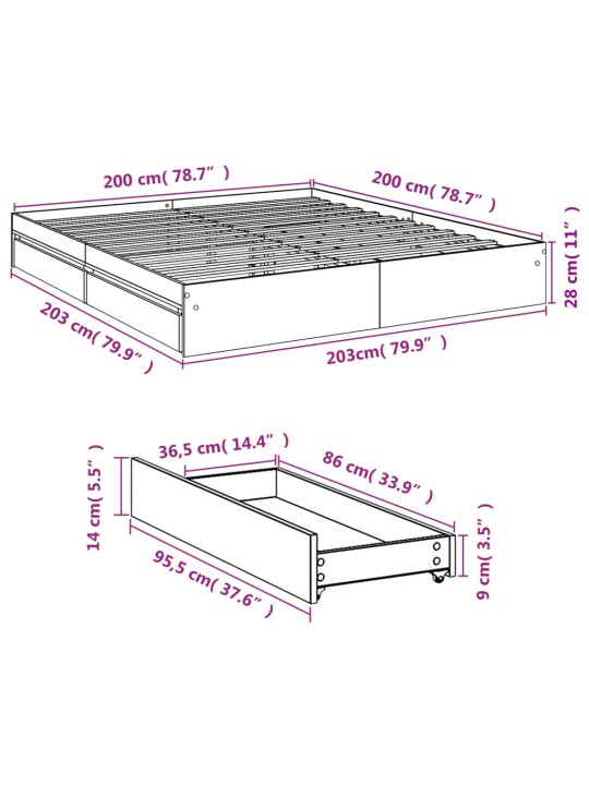 Sängynrunko laatikoilla ruskea tammi 200x200 cm tekninen puu