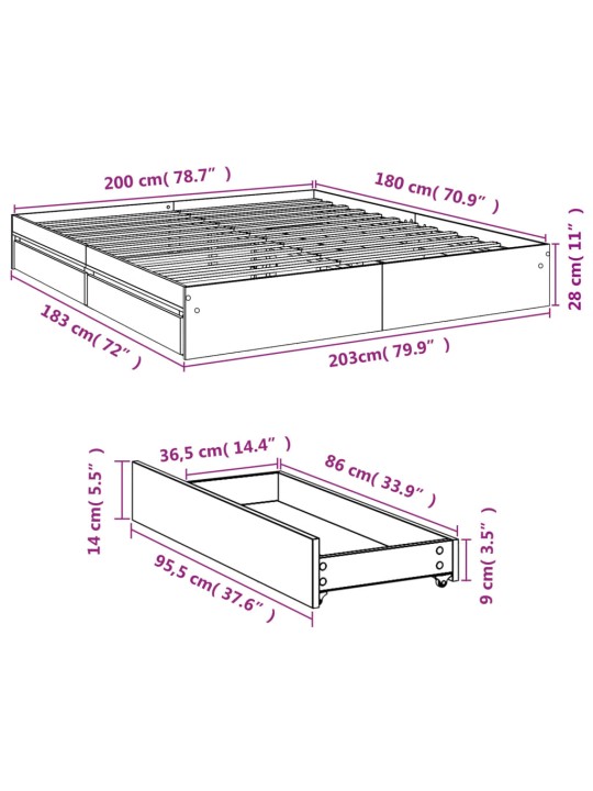 Sängynrunko laatikoilla harmaa Sonoma 180x200 cm tekninen puu