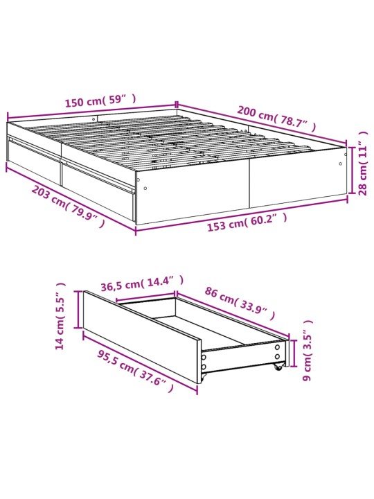 Sängynrunko laatikoilla betoninharmaa 150x200 cm tekninen puu